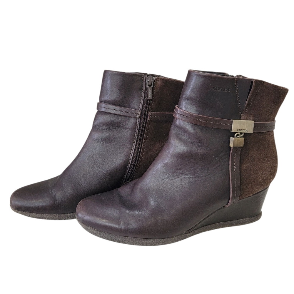 Geox Respira Amelia Brown Ankle Boots Suede Leather Wedge Booties Women’s 38.5 - Picture 2 of 16